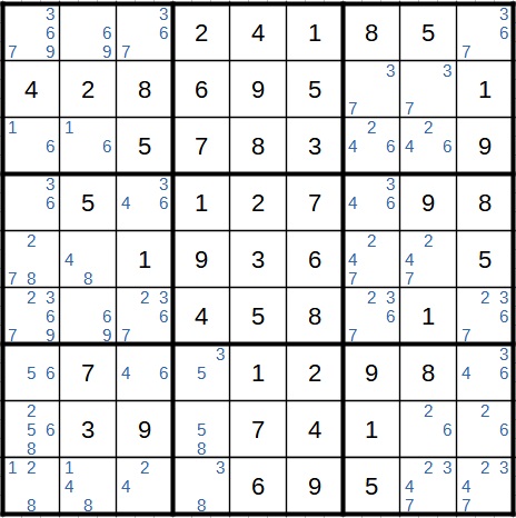 Sudoku Beispiel 2 Schritt 1 Kandidatenschreibweise